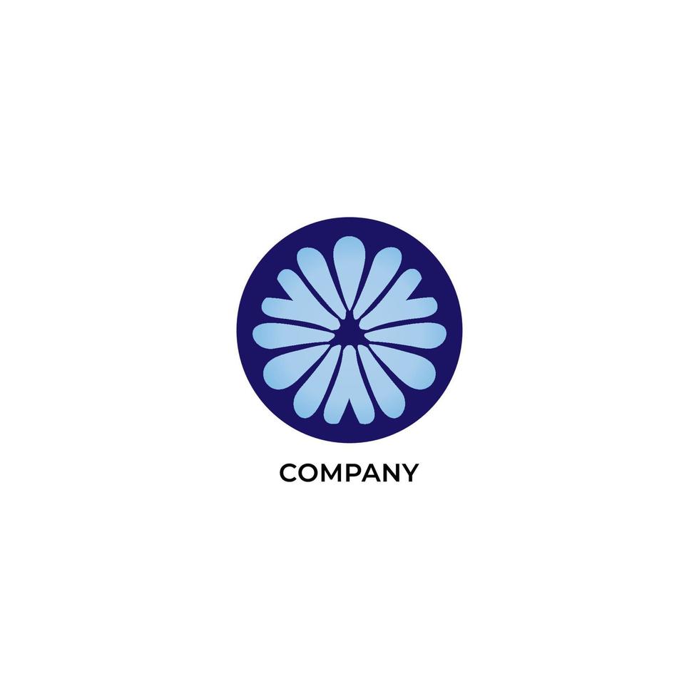 Decorative vortex logo design template isolated on white background. Abstract blue water flower with ellipse shape behind. Vector illustration