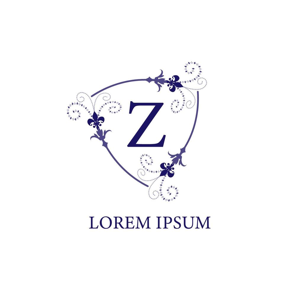 An Isolated on white background decorative floral shield with Lily Flower ornament. Letter Z alphabet initial logo design template. Purple Violet Color Theme. vector