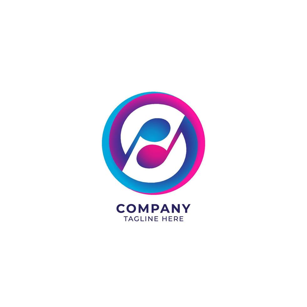 Circular musical note with letter S on negative space. Yin Yang logo concept. pink magenta blue purple multicolor gradient. Colorful vector illustration isolated on white background