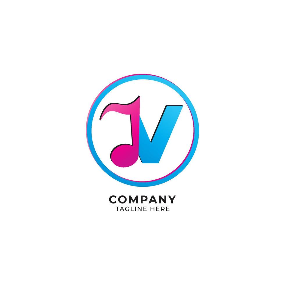 Colorful Letter V Alphabet Music Logo Design Isolated on White Background. Initial and Musical Note with Ellipse Frame Logo Concept. Pink Magenta, Blue Color Theme. vector