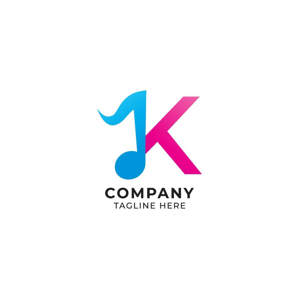 Colorful Letter K Alphabet Music Logo Design Isolated on White Background. Initial and Musical Note logo concept. Monogram Lettermark Logotype. Pink Magenta, Blue Color Theme vector