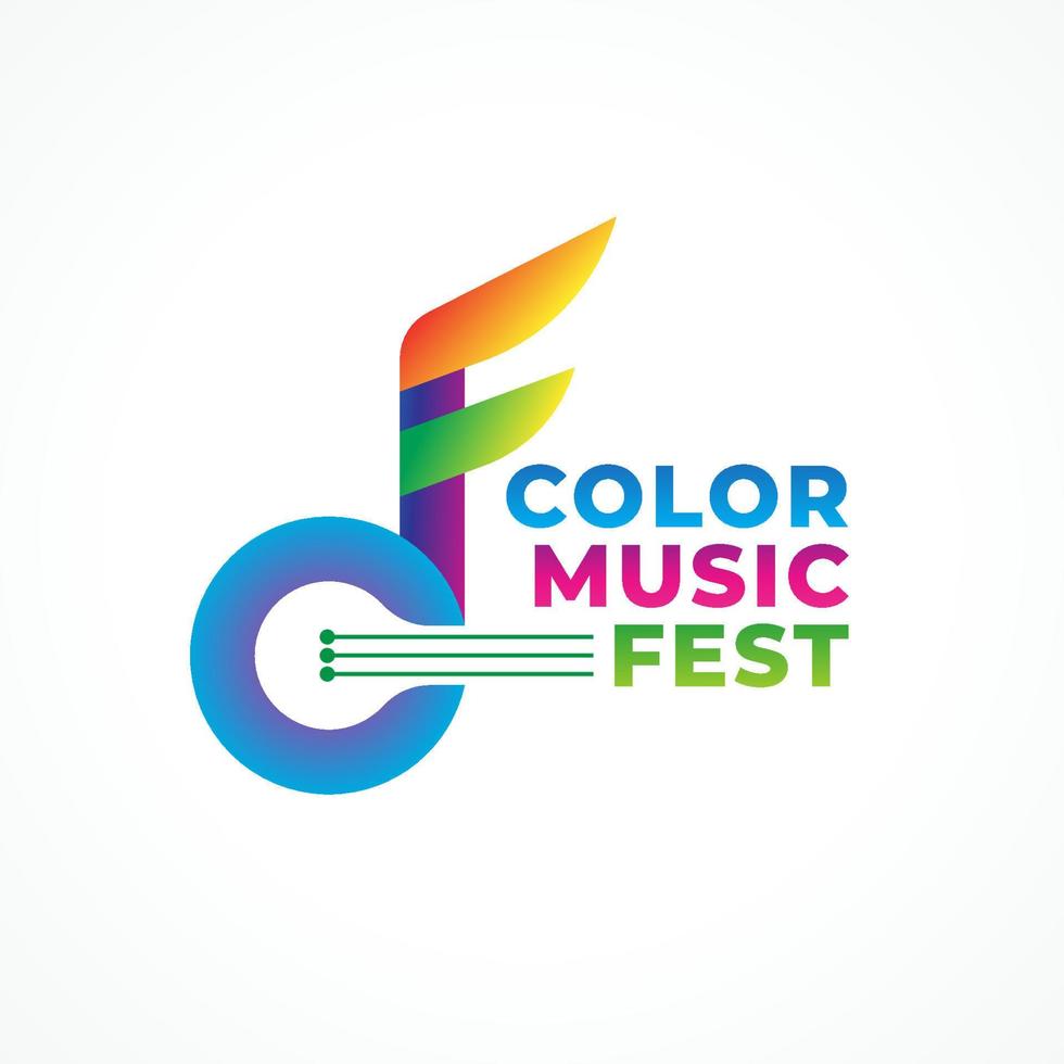 Color Music Fest. Colorful Abstract Musical Note with Strings Vector Illustration. Letter CF Alphabet Initial Logo Design Concept. Green Blue Pink Purple Violet Yellow Orange Multicolor Gradient.