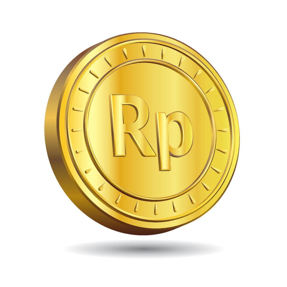 3D Vector illustration of Gold Rupiah Coin isolated on white color background. Indonesian currency symbol.