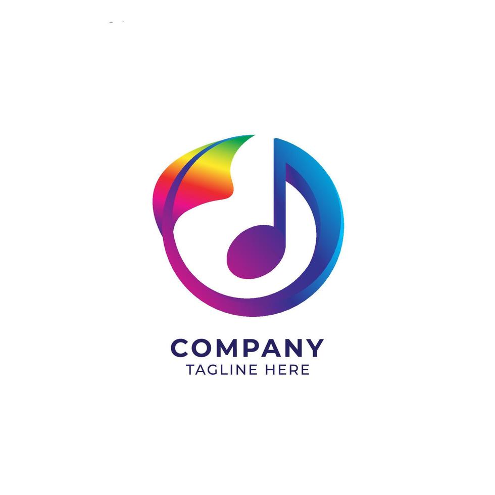 Vector illustration of circular musical note with rainbow leaf. Seed Sprout, Growth, Growing, Harmony, music and nature logo concept. Multicolor gradient logo design template on white color background