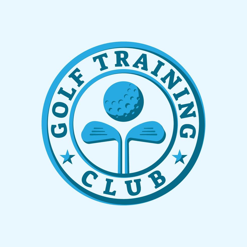 logotipo del emblema del sello del sello del club de entrenamiento de golf con estrellas, elemento de diseño de forma de bola y palo. plantilla de diseño vectorial. identidad de color azul, cian. vector