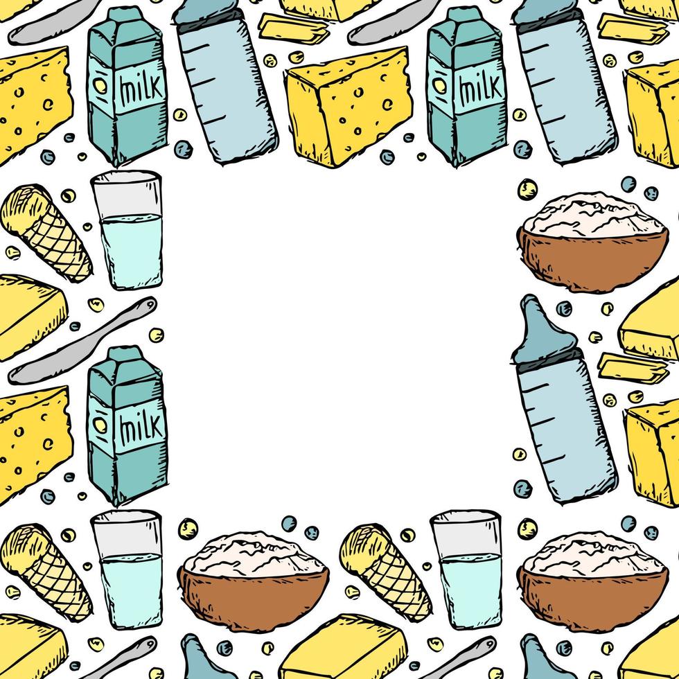 milk food illustration with place for text. milk production. vector doodle illustration with milk products icon