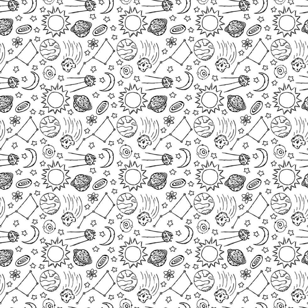 Seamless space pattern. Cosmos background. Doodle vector space illustration with planets, comet, stars, moon, sun and black hole