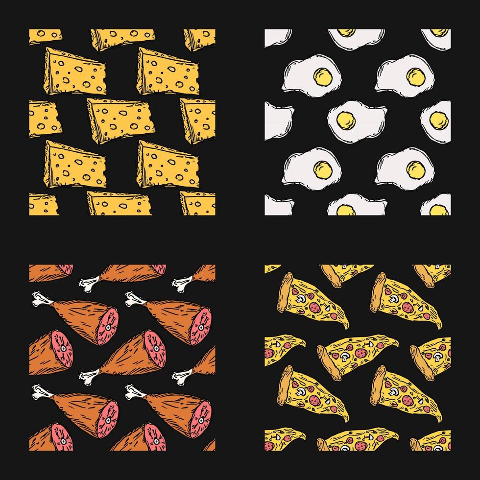set of different seamless food patterns. doodle vector food background