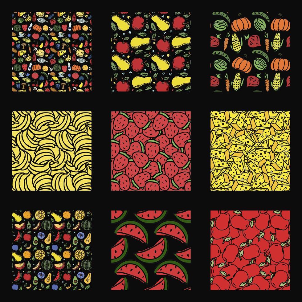 set of different seamless food patterns. doodle vector food background