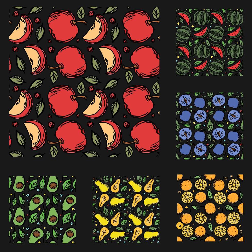 conjunto de diferentes patrones de frutas sin fisuras. garabato, vector, fruta, plano de fondo vector