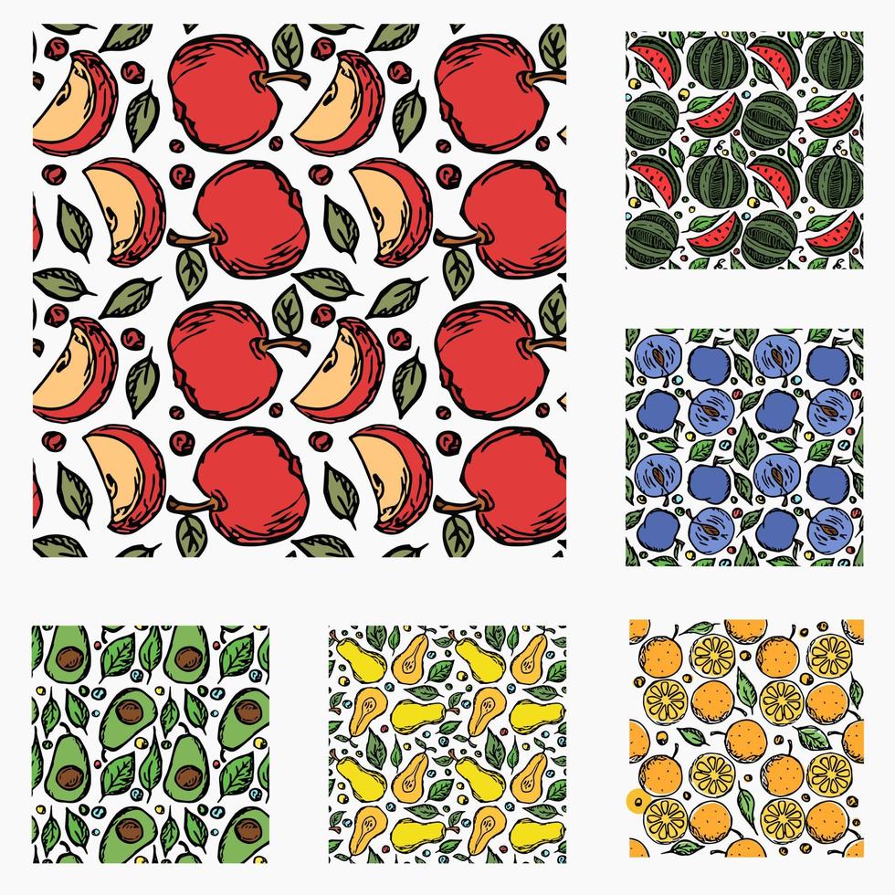 set of different seamless fruit patterns. doodle vector fruit background