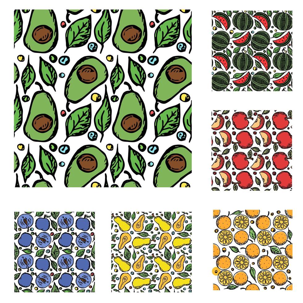 set of different seamless fruit patterns. doodle vector fruit background