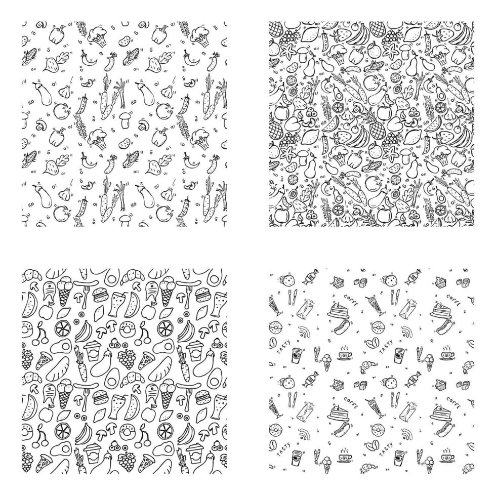 set of different seamless food patterns. doodle vector food background