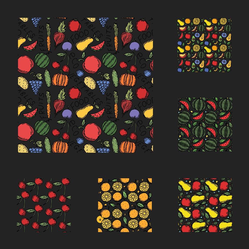 set of different seamless food patterns. doodle vector food background