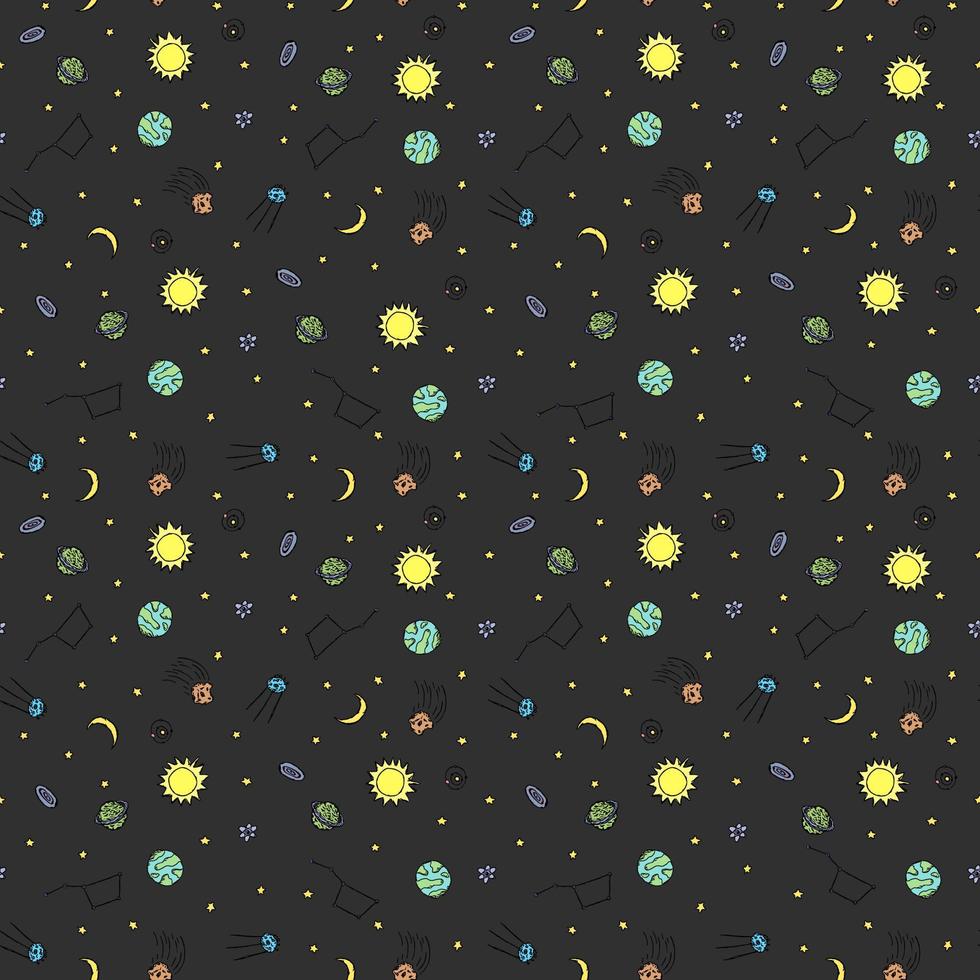 Seamless space pattern. Cosmos background. Doodle vector space illustration with planets, comet, stars, moon, sun and black hole