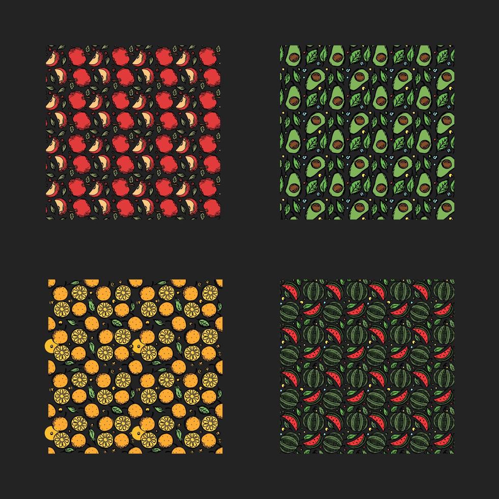 conjunto de diferentes patrones de frutas sin fisuras. garabato, vector, fruta, plano de fondo vector