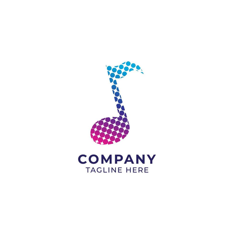 Colorful musical note in halftone style. Blue purple pink magenta color gradient. Multicolor logo design template isolated on white background. Vector illustration.