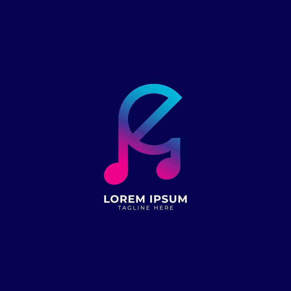 Colorful Letter E Alphabet Music Logo Design. Initial and Musical Note logo concept isolated on blue background. Blue Purple Pink Magenta multicolor gradient. vector