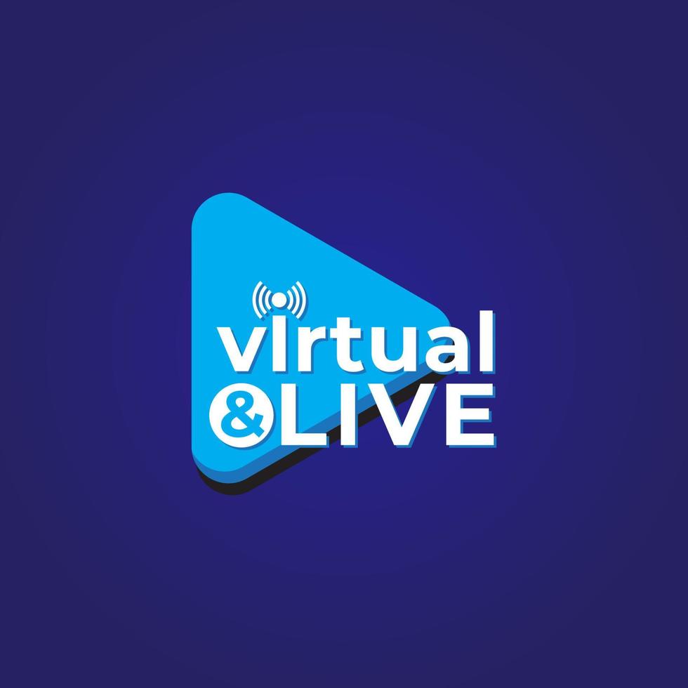 concepto de logotipo virtual y en vivo con botón de reproducción e icono de transmisión en vivo. plantilla de diseño del logotipo de la empresa de radiodifusión sobre fondo de color azul. vector