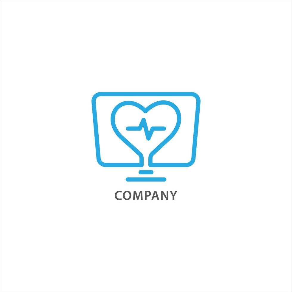 Health monitoring services logo design template isolated on white background . Display Monitor and Heart shape with pulse vector illustration in outline style.. Bright blue color theme.