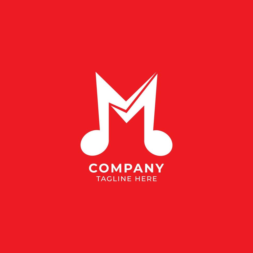 Letter M Alphabet Music Logo Design isolated on Red Background. Initial, Musical Note, Quaver, Eighth Notes logo concept. Monogram Lettermark Logotype vector