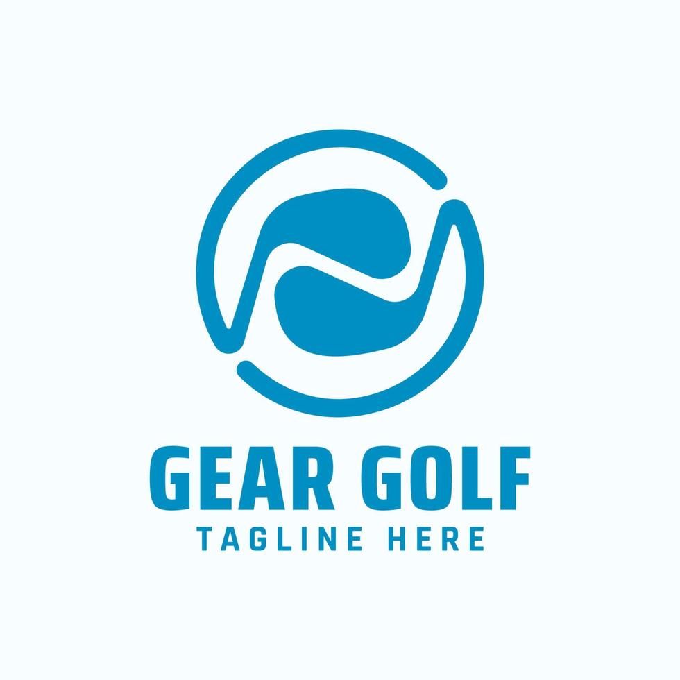 Gear golf logo with circular blue stick golf shape isolated on white color background. Vector design template suitable for training sport company, golf club etc