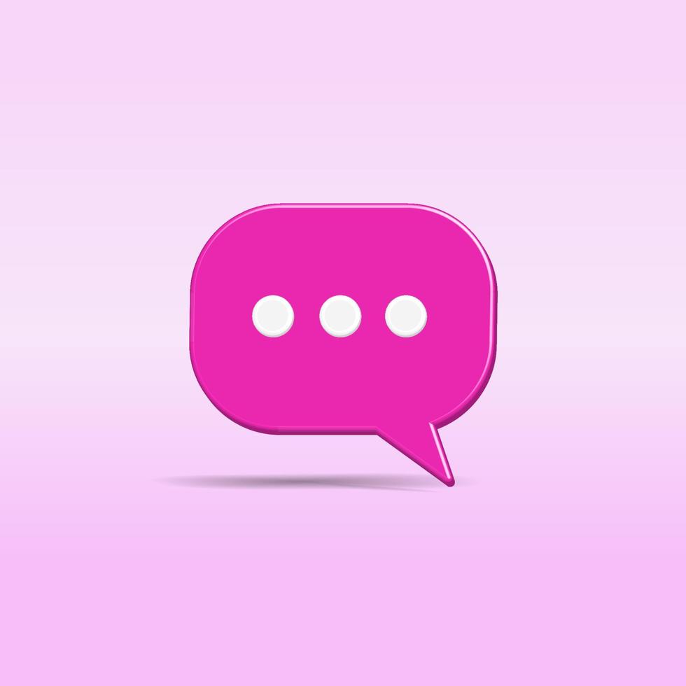 Pink chat bubble with three white dots on pastel gradient color background. Creative 3D vector illustration