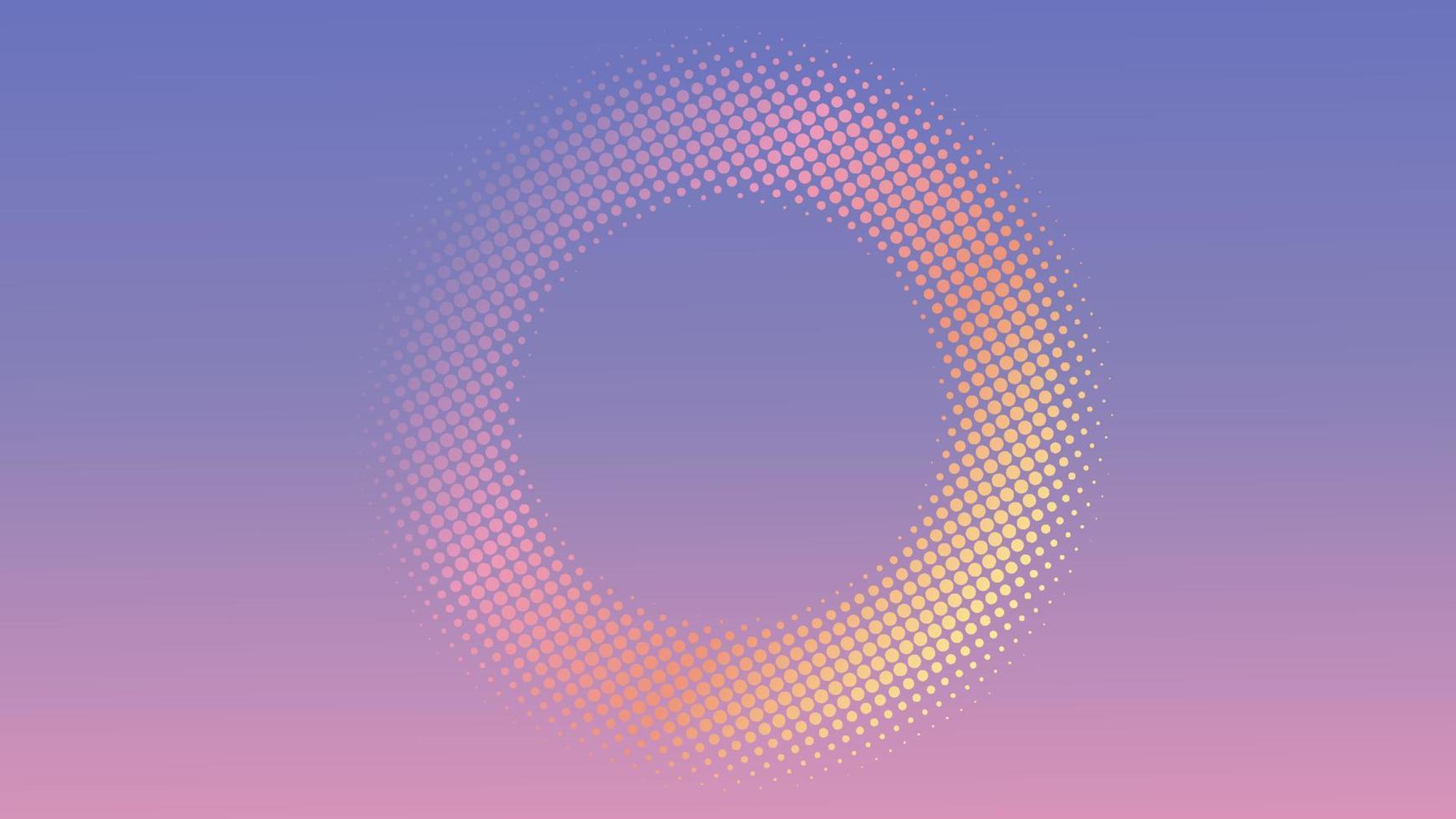 plantilla de diseño de fondo de semitonos radiales de colores, arte pop, ilustración de patrón de puntos abstractos, ornamento de semitonos de anillo, color degradado brillante de gradación púrpura rosa naranja violeta vector