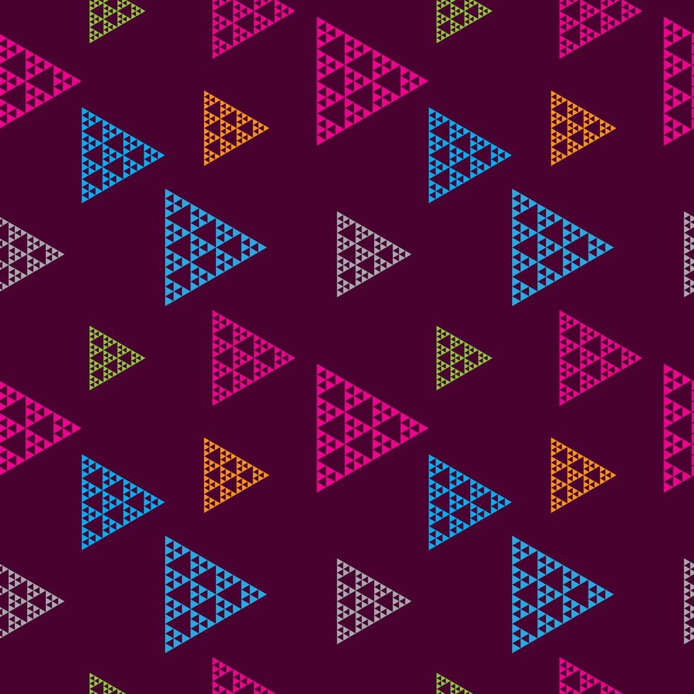 Abstract Triangular Geometric Seamless Pattern Design Template. Colorful Triangles Shape Ornament . Orange, Light Blue, Pink Magenta, Gray, Purple Color Theme. vector