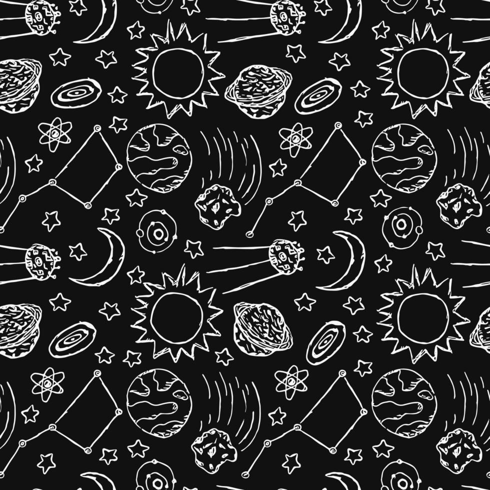 Seamless space pattern. Cosmos background. Doodle vector space illustration with planets, comet, stars, moon, sun and black hole