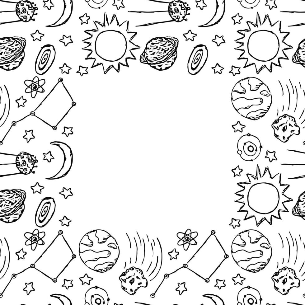 Seamless space pattern with place for text. Cosmos background. Doodle vector space illustration with planets, comet, stars, moon, sun and black hole