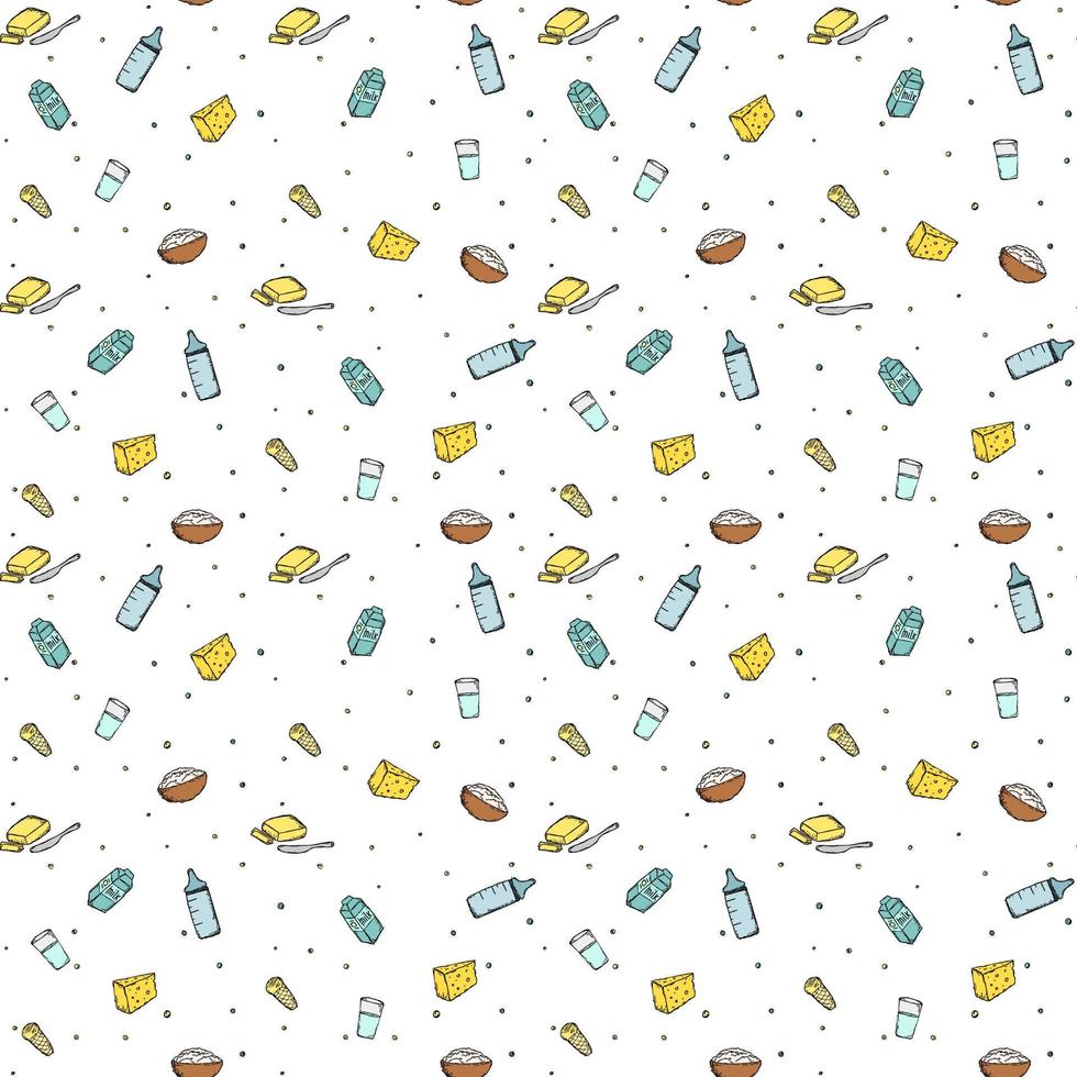 seamless milk production pattern. vector doodle illustration with milk products icon. pattern with milk food