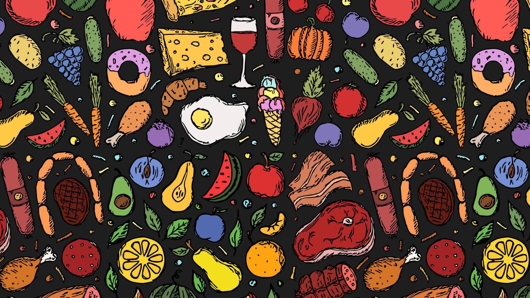 Horizontal illustration of food background with fruits, vegetables and meat vector