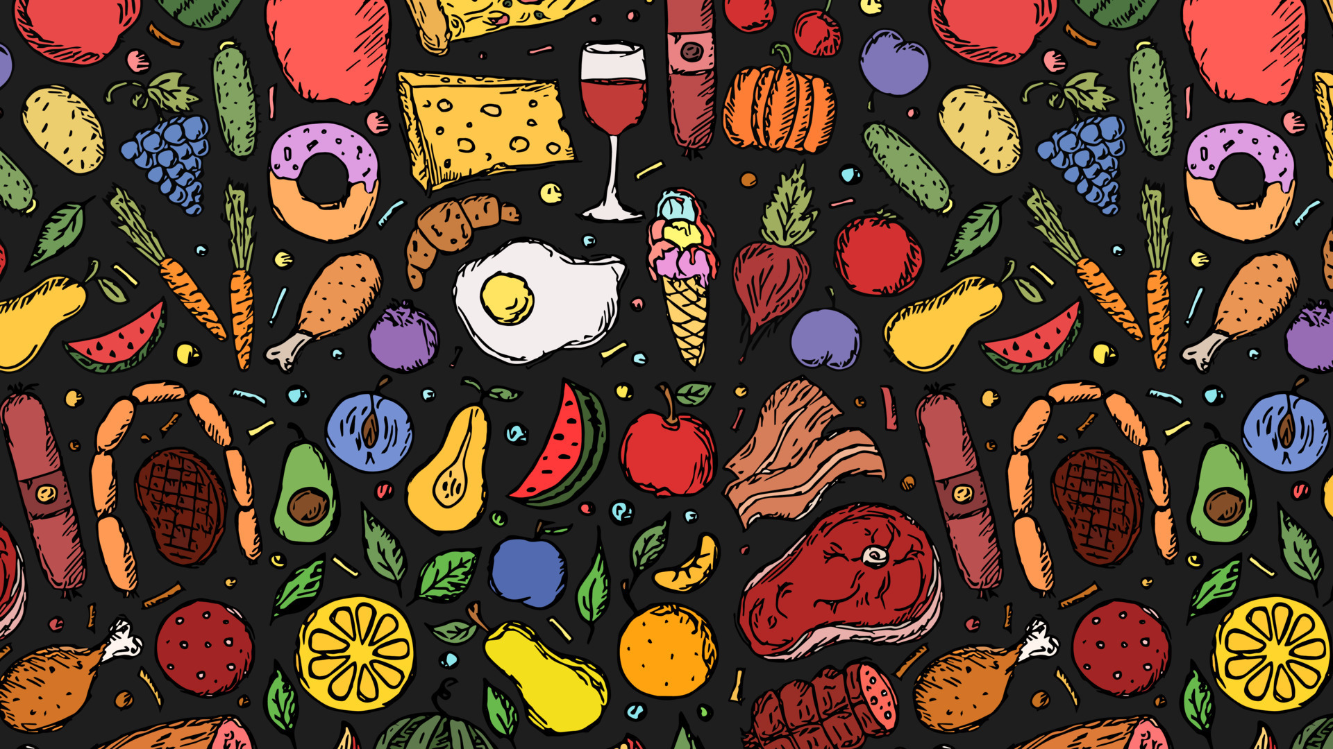 Horizontal illustration of food background with fruits, vegetables and