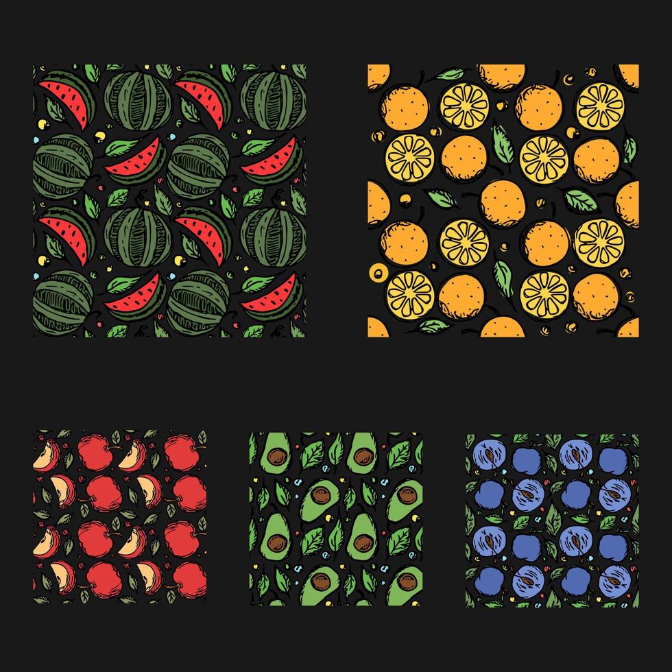 conjunto de diferentes patrones de frutas sin fisuras. garabato, vector, fruta, plano de fondo vector