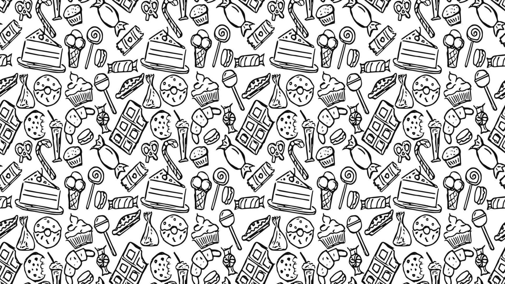 Horizontal seamless pattern with sweets. Doodle vector with sweets icons on white background. Vintage sweets illustration