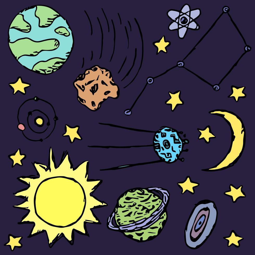 Space icons. Cosmos background. Doodle vector space illustration with planets, comet, stars, moon, sun and black hole