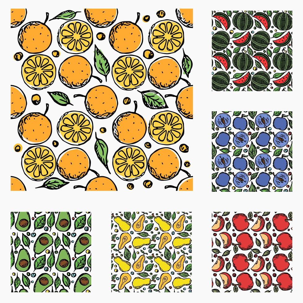 conjunto de diferentes patrones de frutas sin fisuras. garabato, vector, fruta, plano de fondo vector