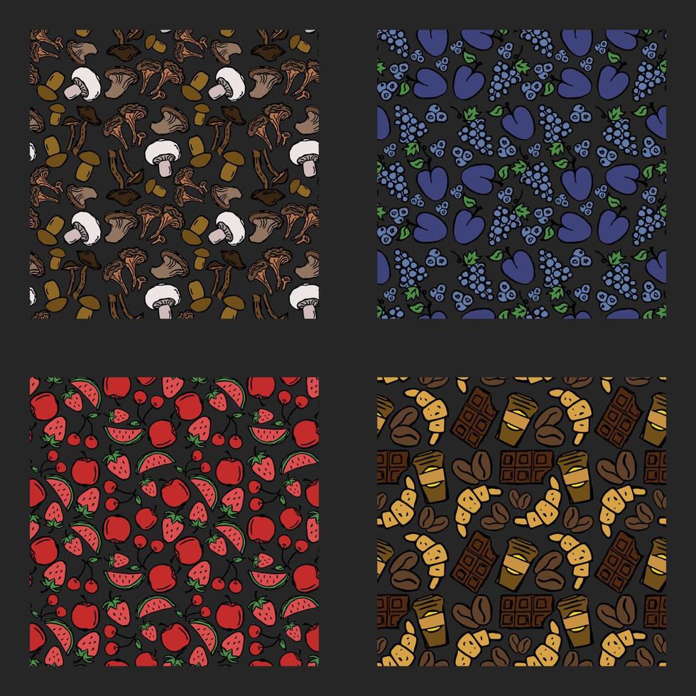set of different seamless food patterns. doodle vector food background