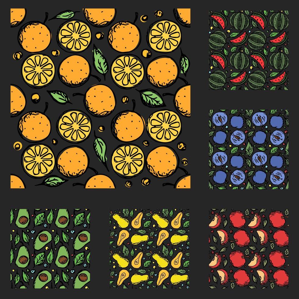 conjunto de diferentes patrones de frutas sin fisuras. garabato, vector, fruta, plano de fondo vector