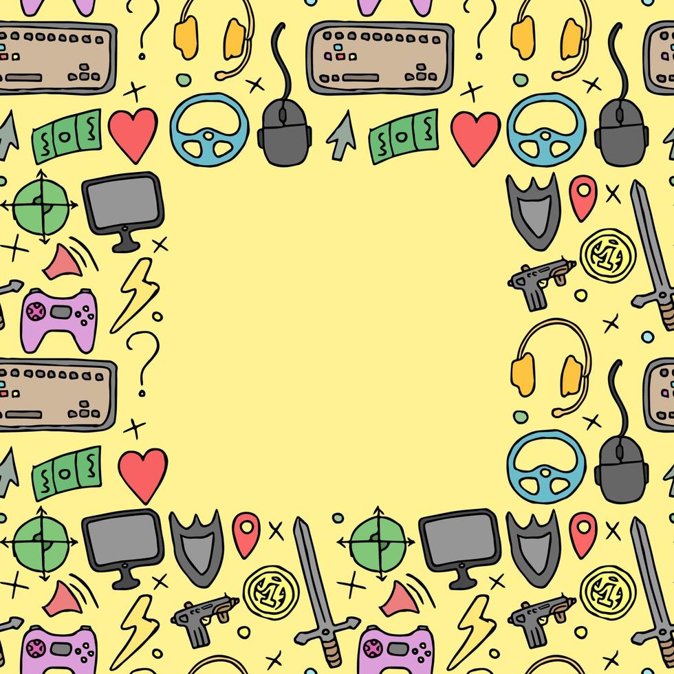 Seamless gaming background with place for text. seamless pattern with doodle gaming icons. gaming vector icons