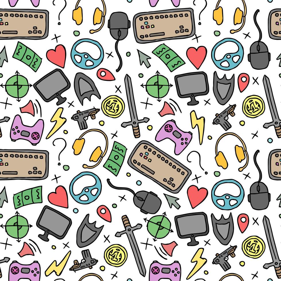 Seamless gaming background. seamless pattern with doodle gaming icons. gaming vector icons