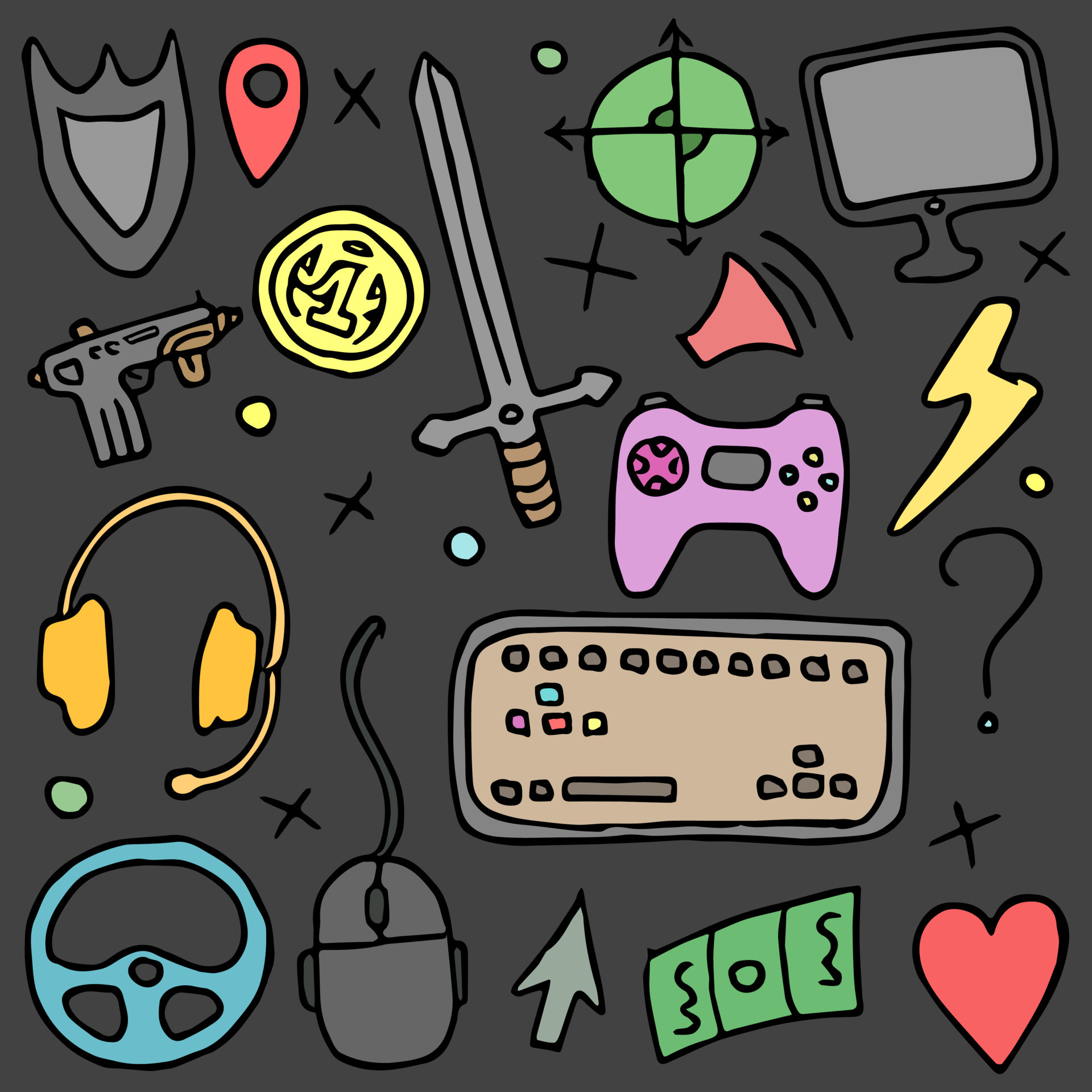 GAMER Doodle Vector Icons. Computer Game Doodle Icons 