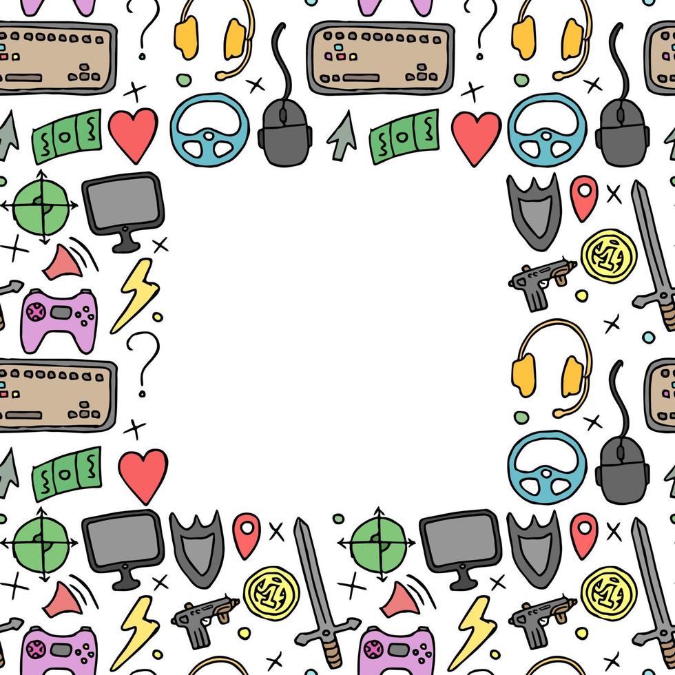 Seamless gaming background with place for text. seamless pattern with doodle gaming icons. gaming vector icons