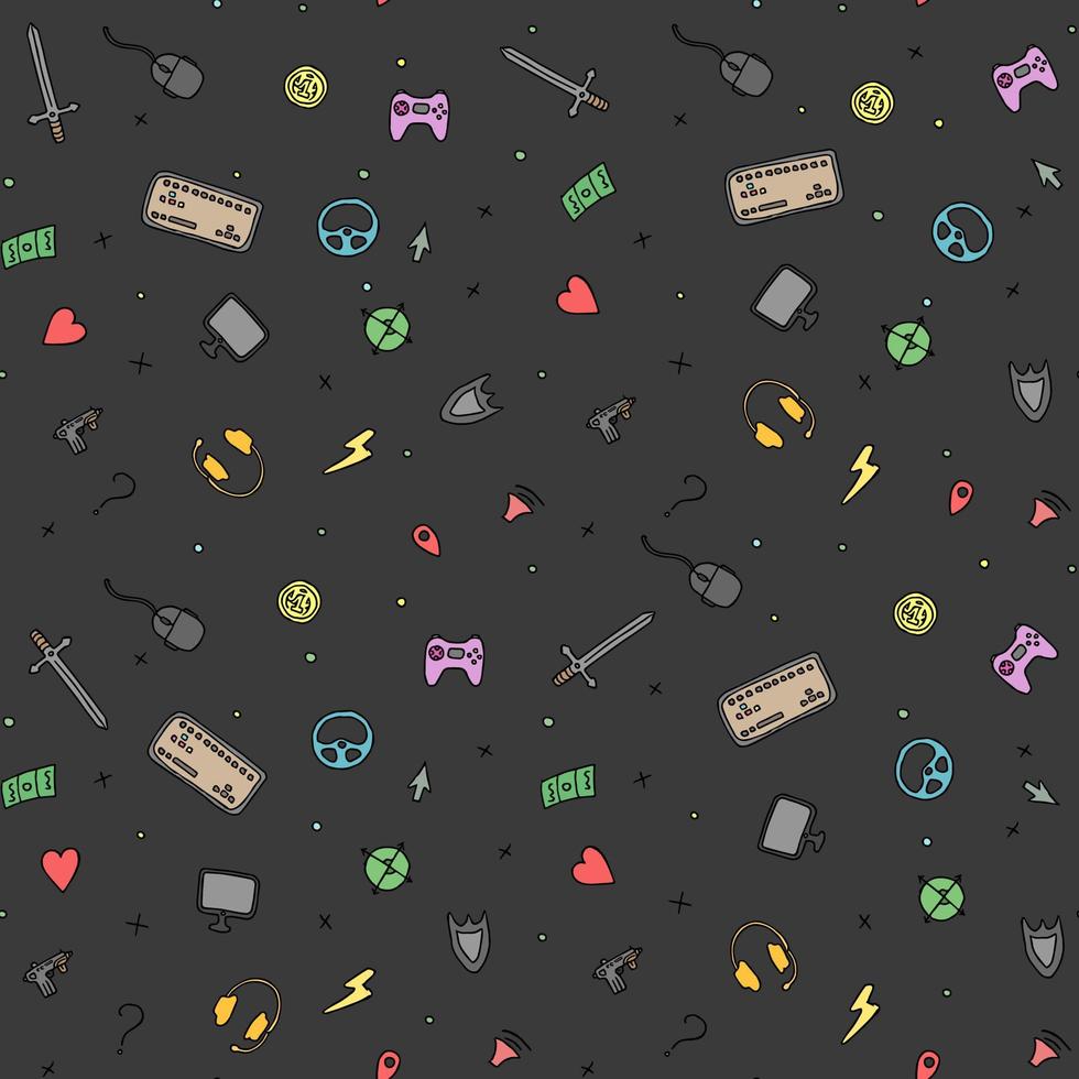 fondo de juego sin costuras. patrón sin costuras con iconos de juegos de garabatos. iconos de vector de juego