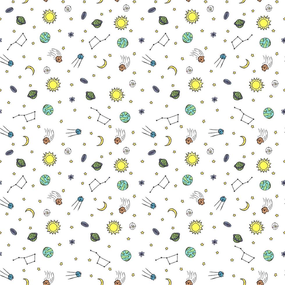 Seamless space pattern. Cosmos background. Doodle vector space illustration with planets, comet, stars, moon, sun and black hole