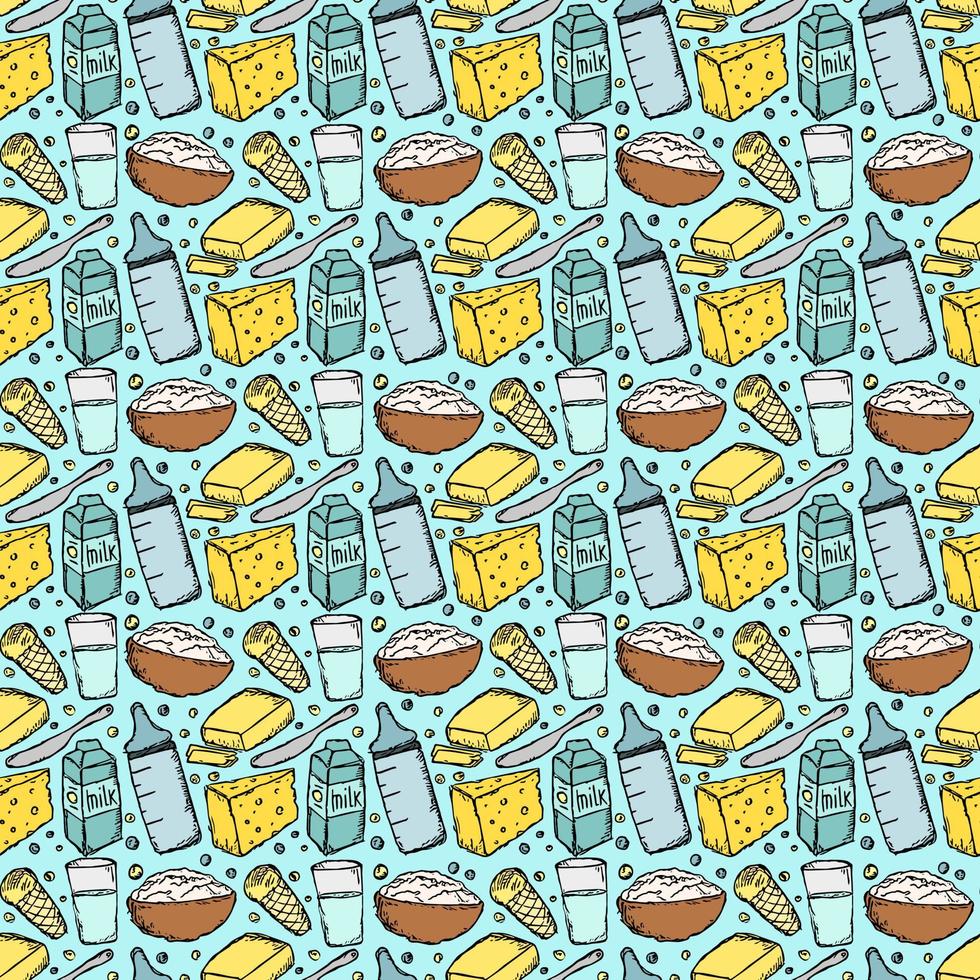 seamless milk production pattern. vector doodle illustration with milk products icon. pattern with milk food