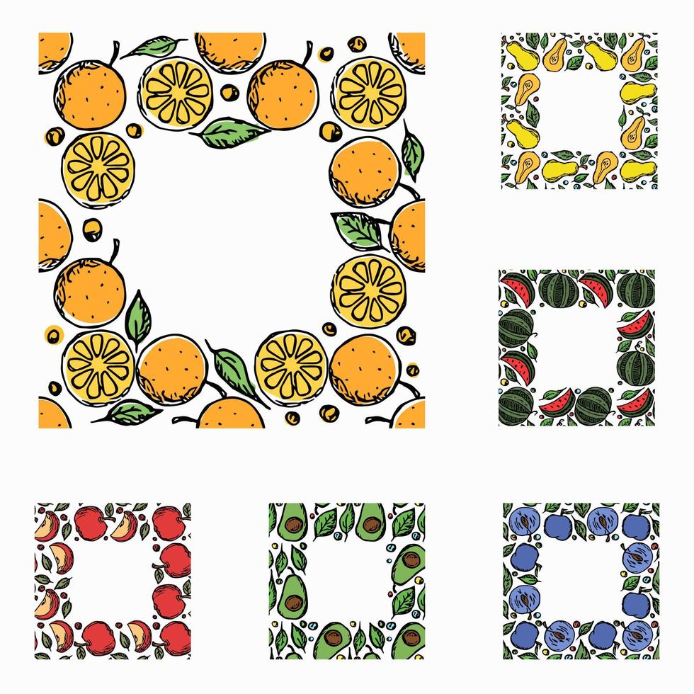 conjunto de diferentes marcos de frutas sin costuras. garabato, vector, fruta, plano de fondo, con, lugar, para, texto vector