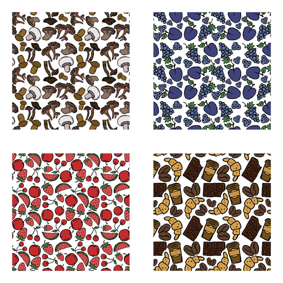 set of different seamless food patterns. doodle vector food background