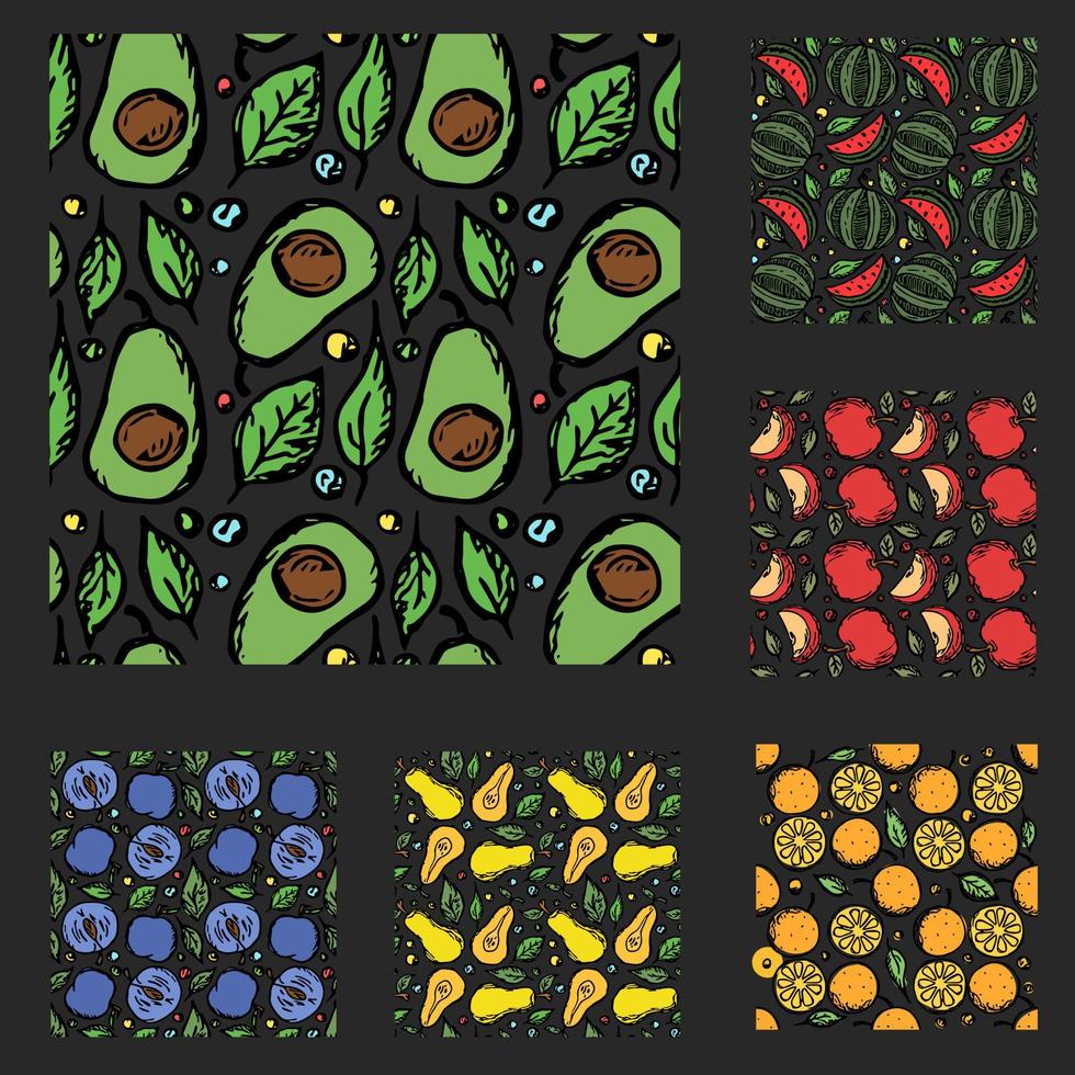 conjunto de diferentes patrones de frutas sin fisuras. garabato, vector, fruta, plano de fondo vector